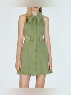 Sleeveless Olive Green Button-Front Cutout Dress